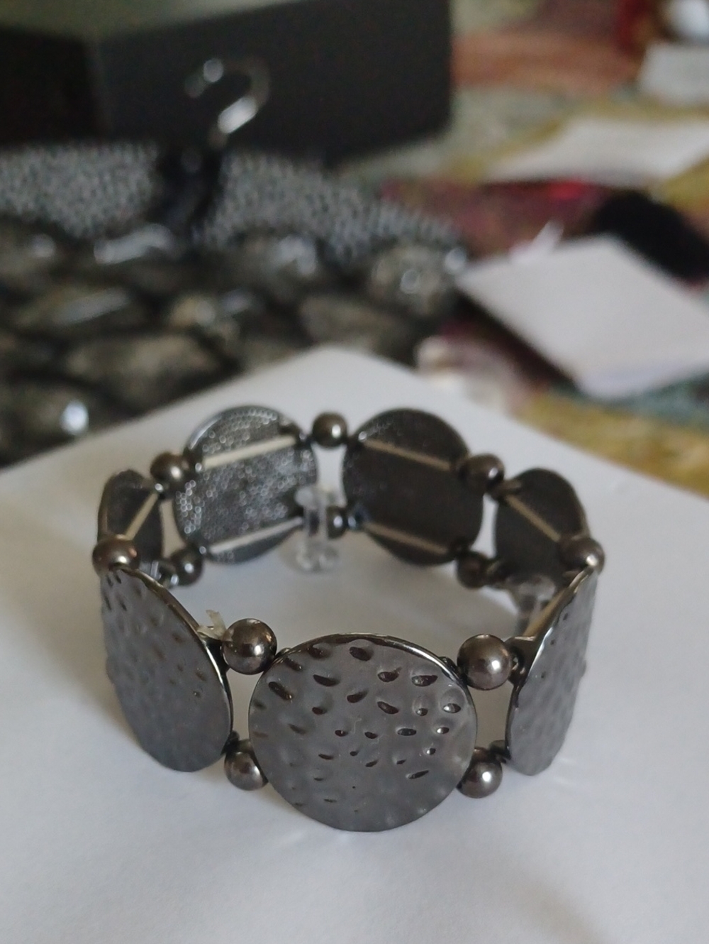 Gunmetal Textured Disc Stretch Bracelet - Women Jewelry